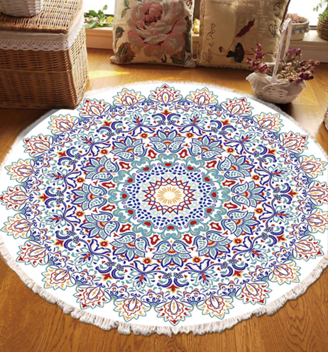 Mandala Dreams Beige-Blue Round Rug 120cm